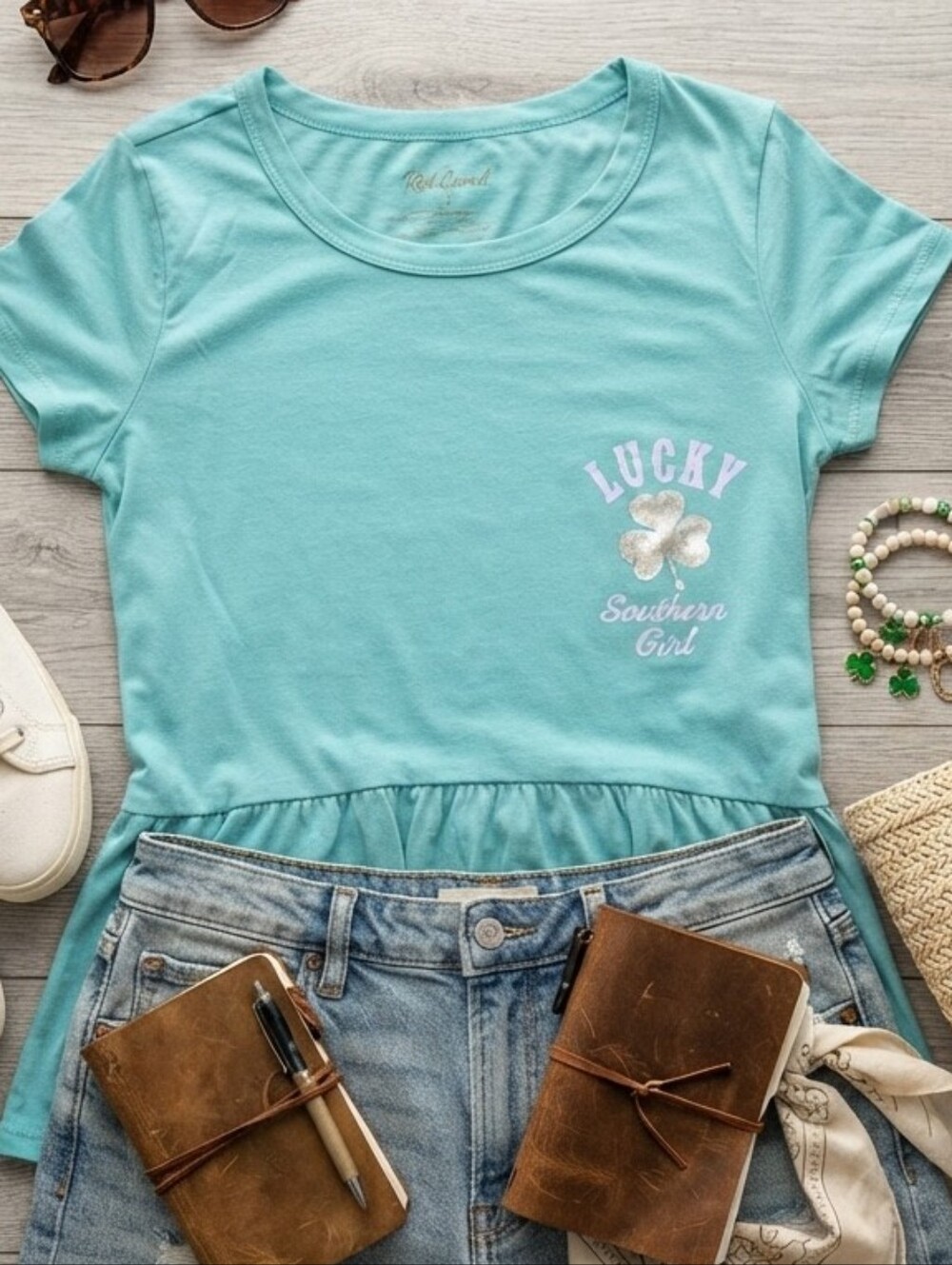 Red Camel Mint Peplum Tee with 'Lucky Southern Girl' Print